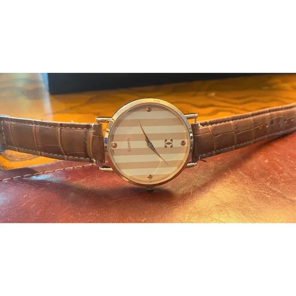 Women's 40mm Gold Tone Charming Charlie Watch, Tan Striped Face